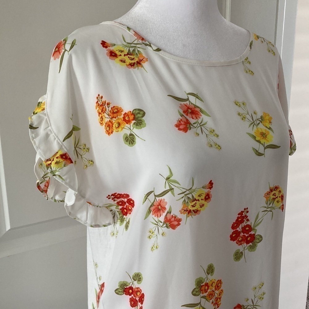 LOFT Small petite top floral white orange yellow ruffle short sleeves - Picture 3 of 10